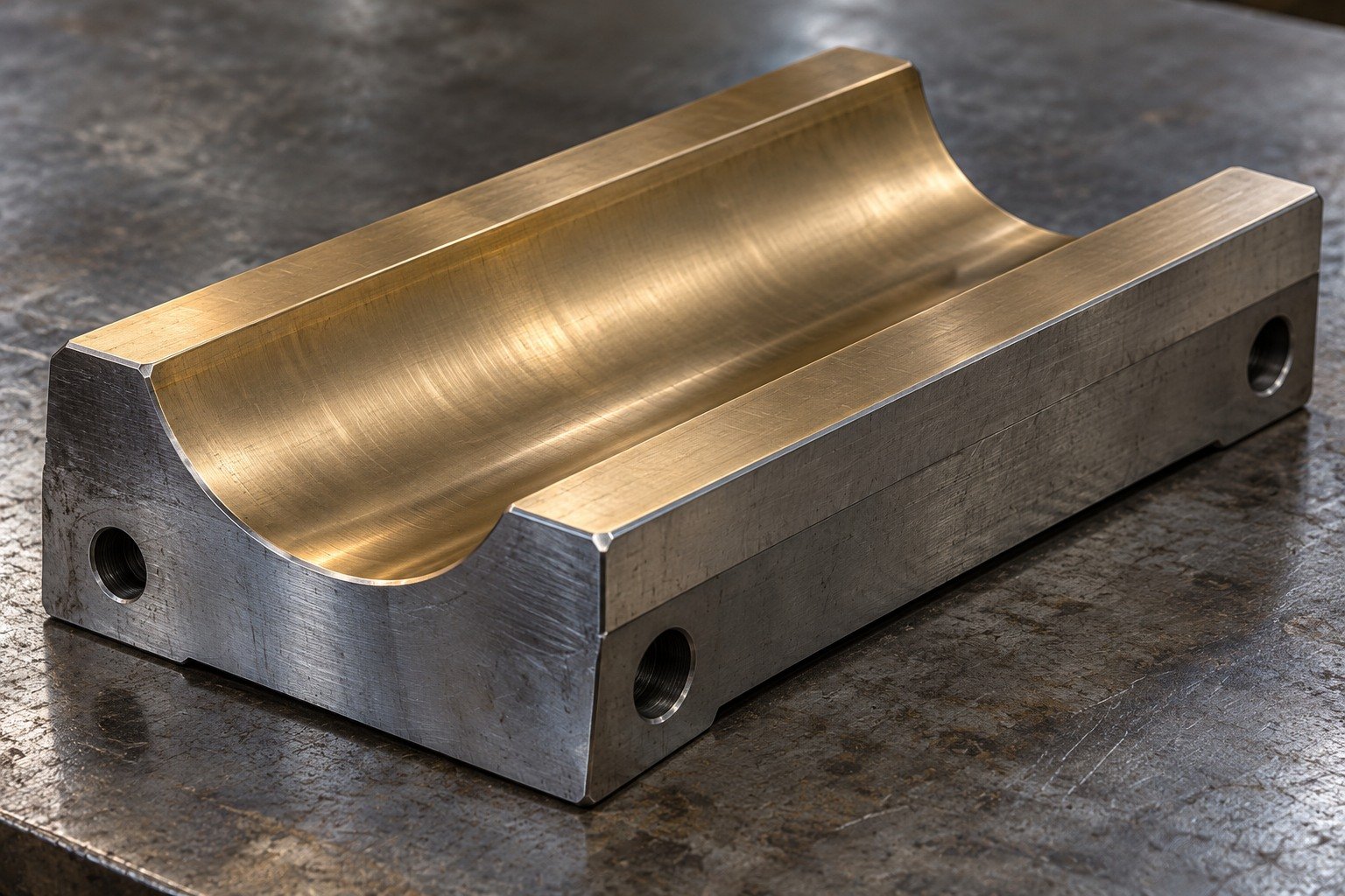 A stout forming coupon with one broad rounded groove; muted bronze-gold appearance on upper contact land and grey uncoated mounting flats, plausible masking boundaries. — illustrative generated component concept