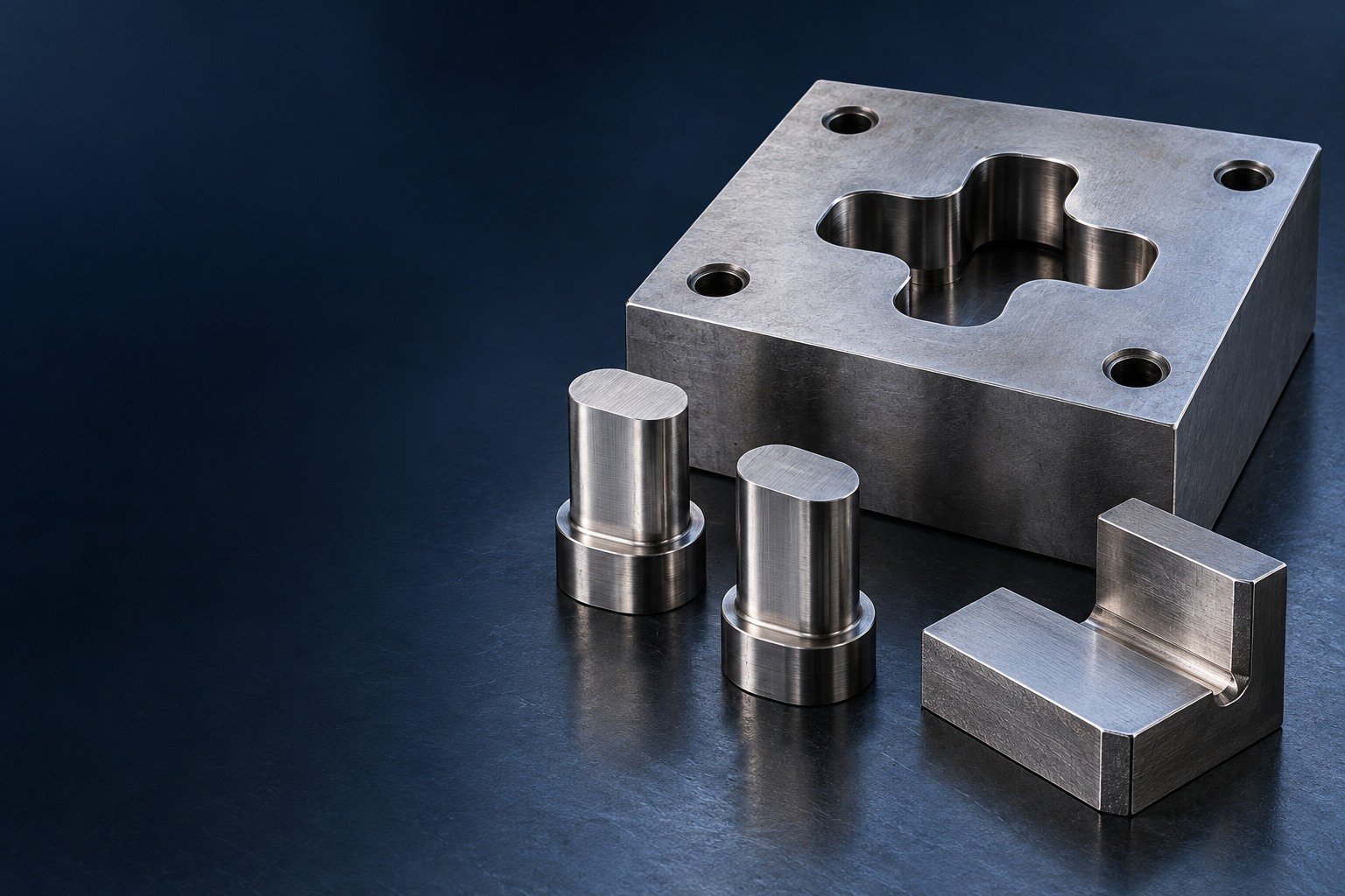 Wide industrial catalog arrangement on RIGHT half: a thick rectangular blanking die with one offset rounded cross-shaped opening, two short oval-tipped punches, and an L-shaped stepped wear insert — illustrative generated component concept