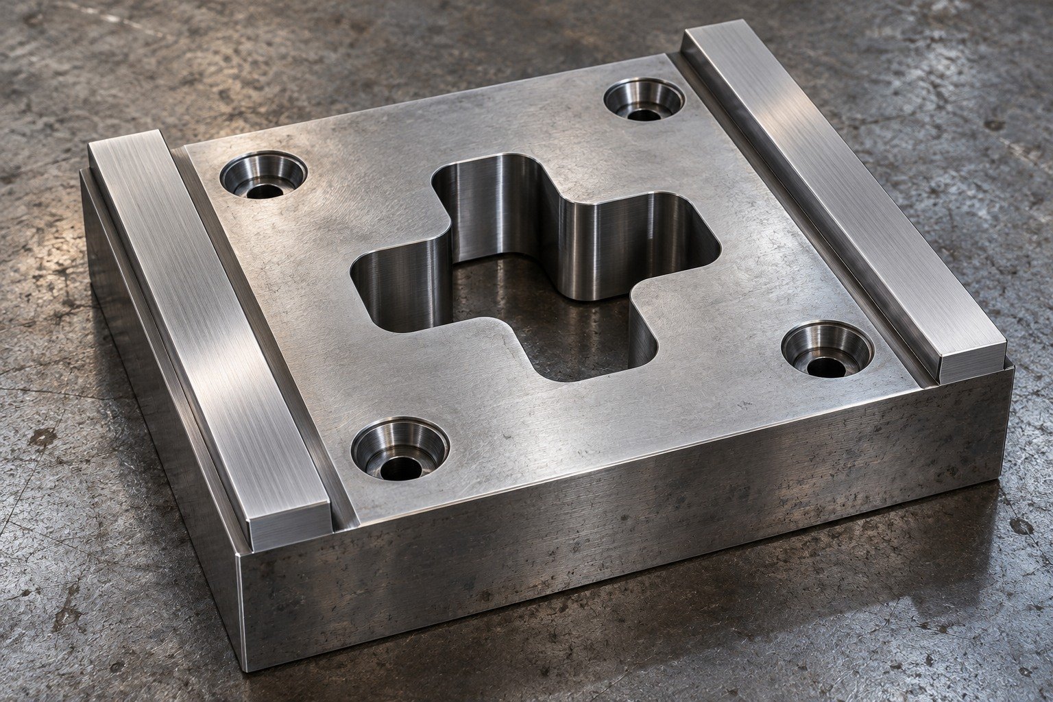 A thick rectangular stamping die insert with an offset rounded cross-shaped through opening, four counterbored mounting holes and two broad ground locating rails. — illustrative generated component concept
