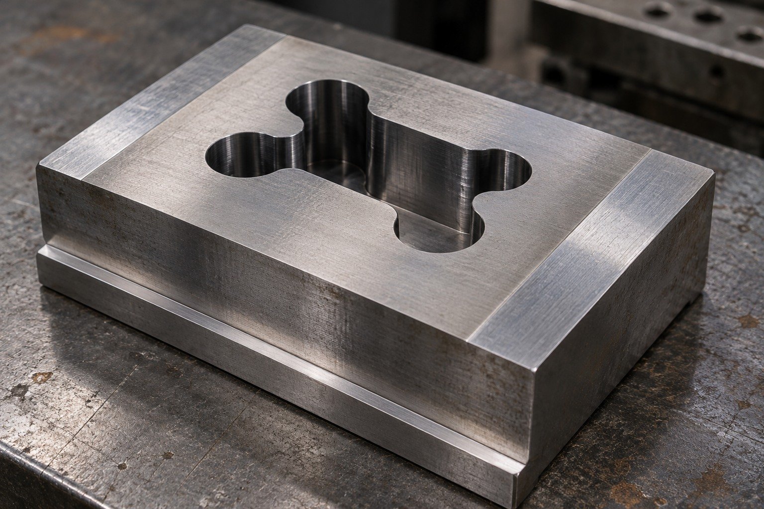 A rectangular die insert with offset rounded cross opening, deliberate broad finishing-stock bands and a stout ground datum reference strip alongside, no simulated warping. — illustrative generated component concept