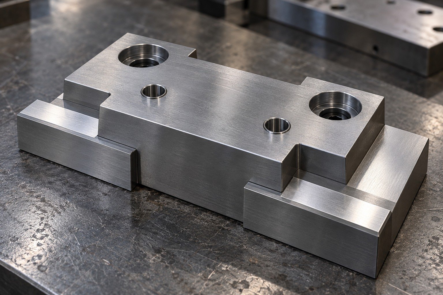 A compact stepped die insert with two reachable dowel bores, two counterbored mounting holes and broad ground locating rails, physically plausible tooling geometry. — illustrative generated component concept