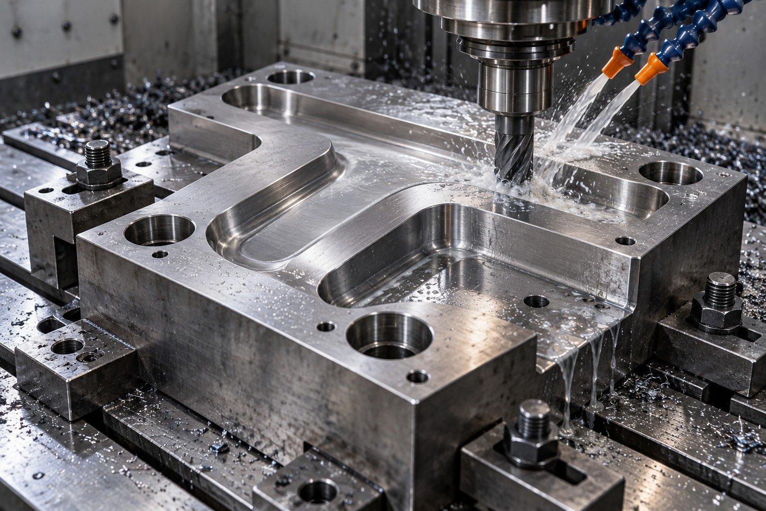 A distinct thick stamping die block with a broad rounded T-profile relief and offset counterbores, securely clamped during milling under localized coolant. — illustrative generated component concept