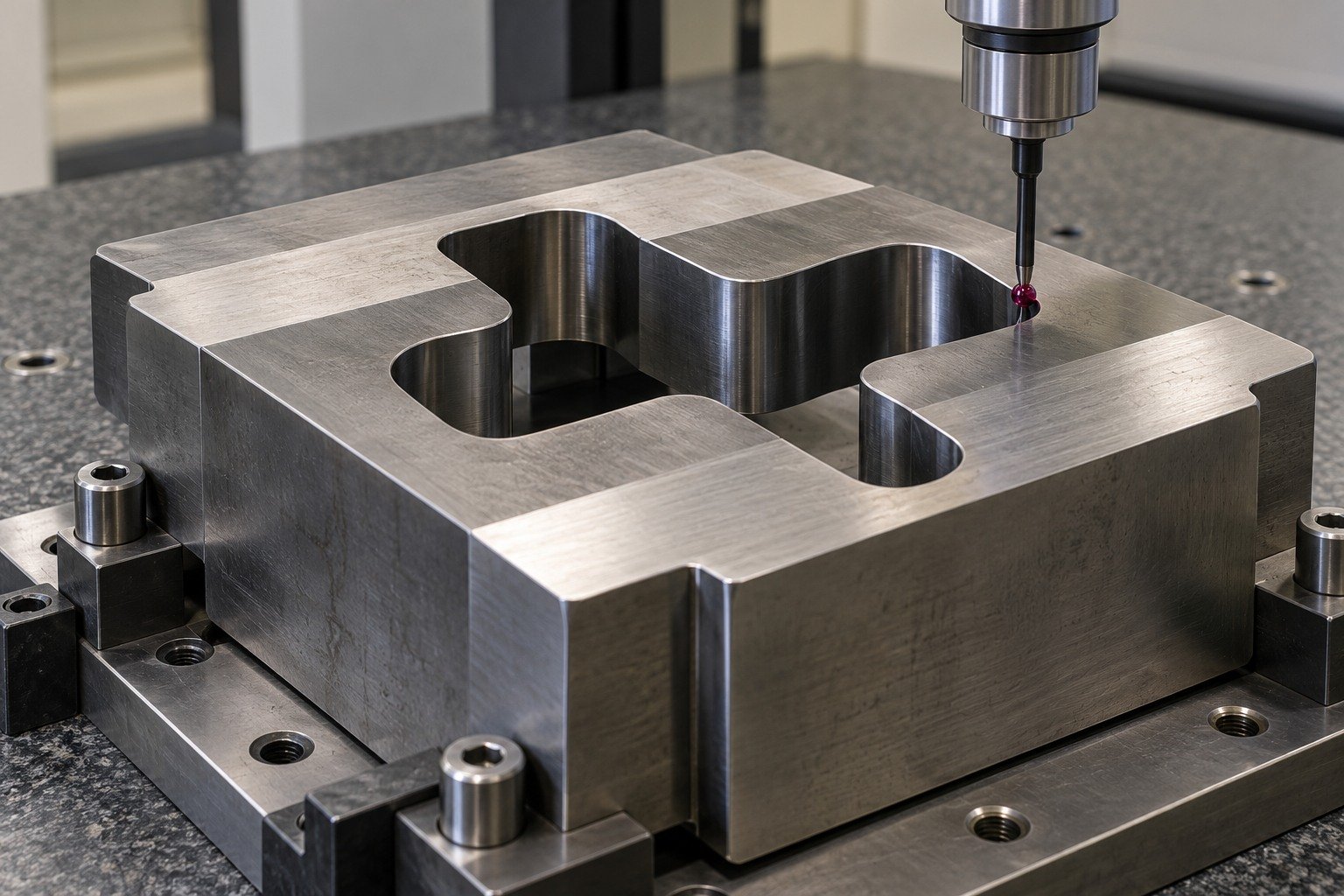 A thick blanking insert with an asymmetric rounded cross through opening and broad ground rails in a CMM fixture, ruby stylus touching a broad accessible reference face. — illustrative generated component concept