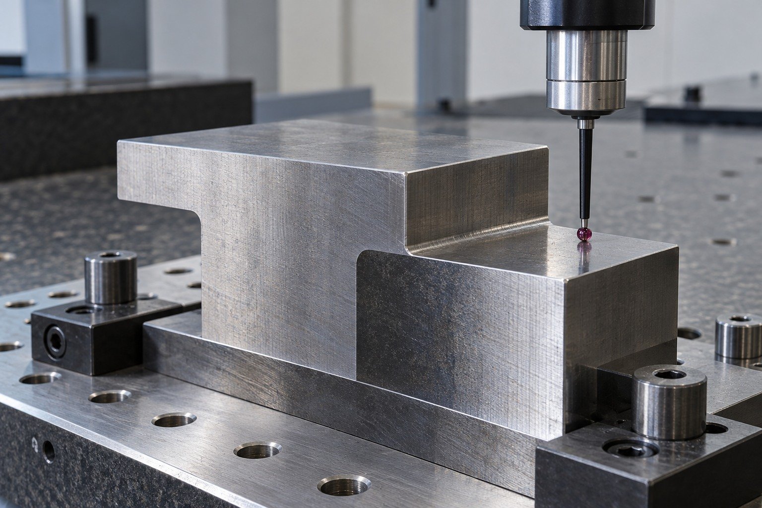 A thick offset-T-profile blanking insert on a metrology fixture, ruby CMM probe touches a reachable ground datum plane while the head clears the part. — illustrative generated component concept