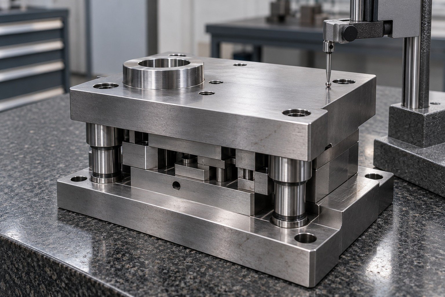 A compact stepped blanking die holder with offset circular locating bore on granite, height-gauge stylus touches the broad upper reference plane, no readout. — illustrative generated component concept