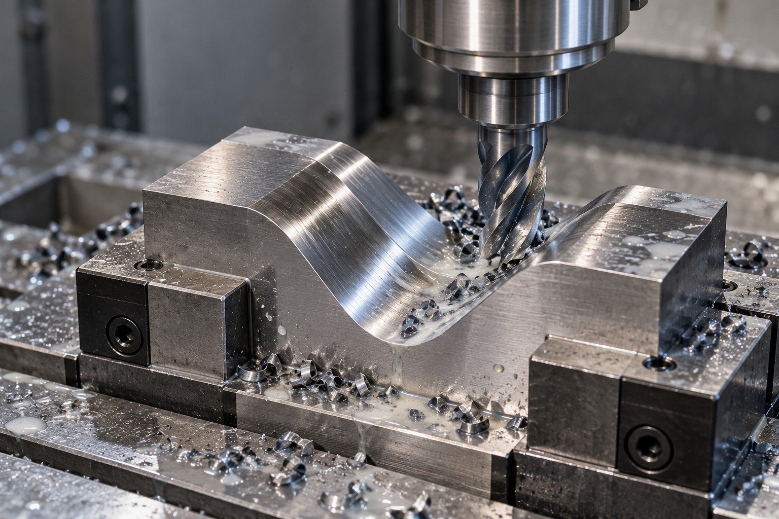 A compact forming insert clamped in a low vise, carbide milling an accessible broad rounded V-groove, visible localized cutting fluid and short wet steel chips. — illustrative generated component concept