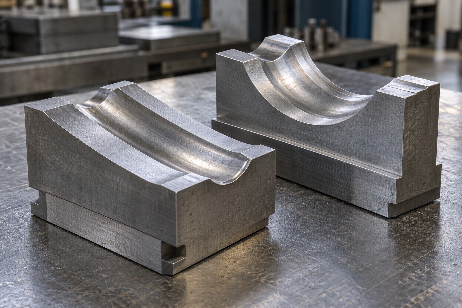 Two supported forming inserts with broad rounded grooves and different ground locating heels, raised finishing stock on one, natural grey machining surfaces. — illustrative generated component concept