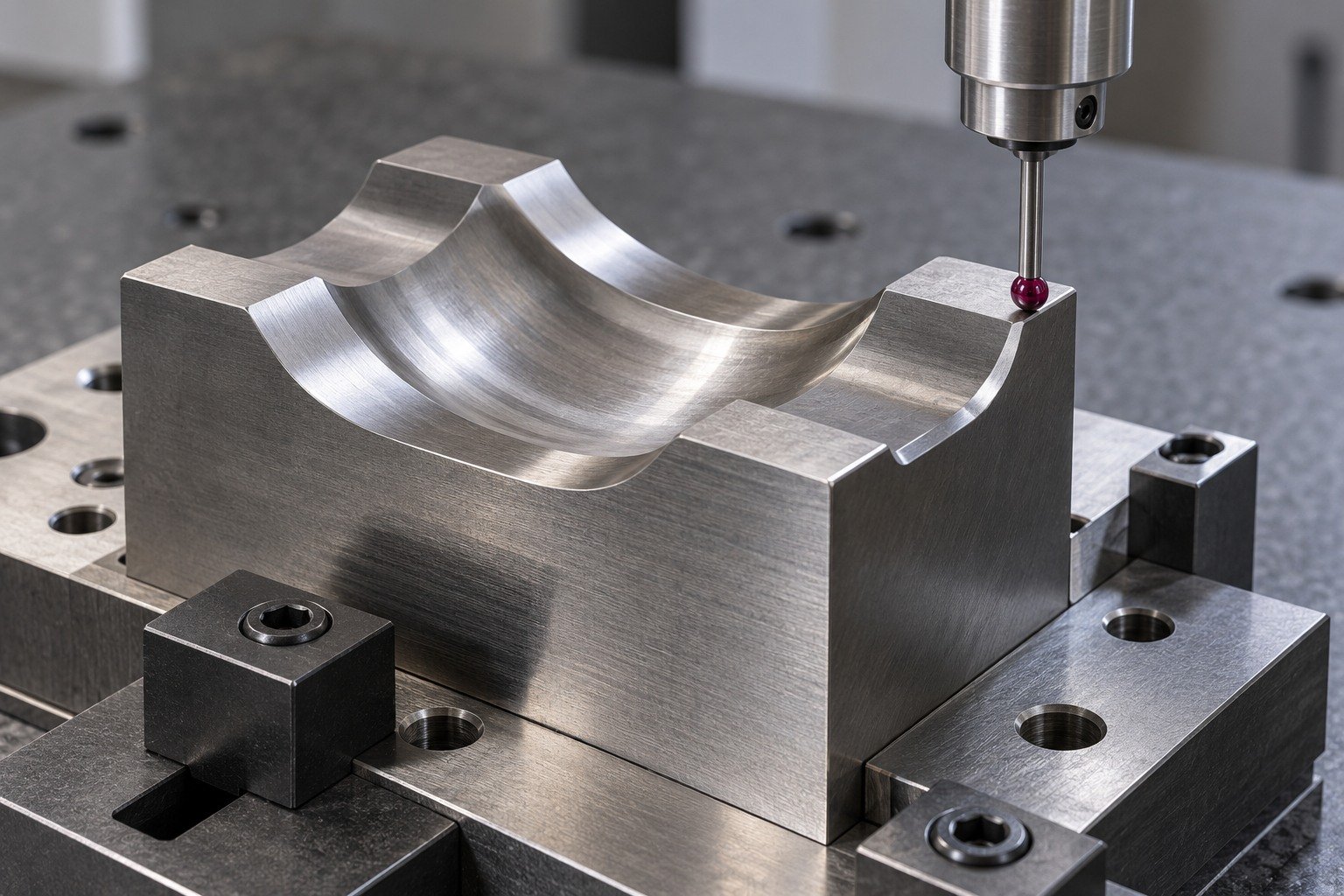 A broad rounded-groove forming insert on a metrology fixture, compact ruby probe physically contacting a reachable outer profile land, no displays. — illustrative generated component concept