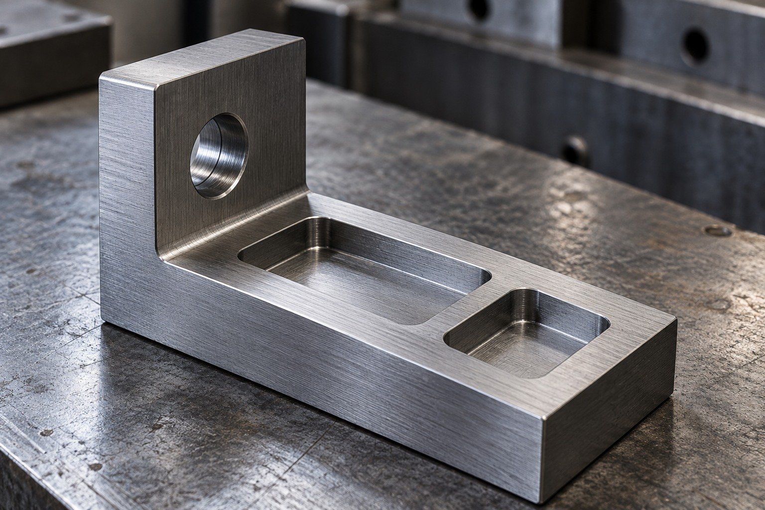 A compact thick L-shaped wear coupon with two unequal shallow recesses and an offset bore, fine consistent linear grinding texture across the reference face. — illustrative generated component concept