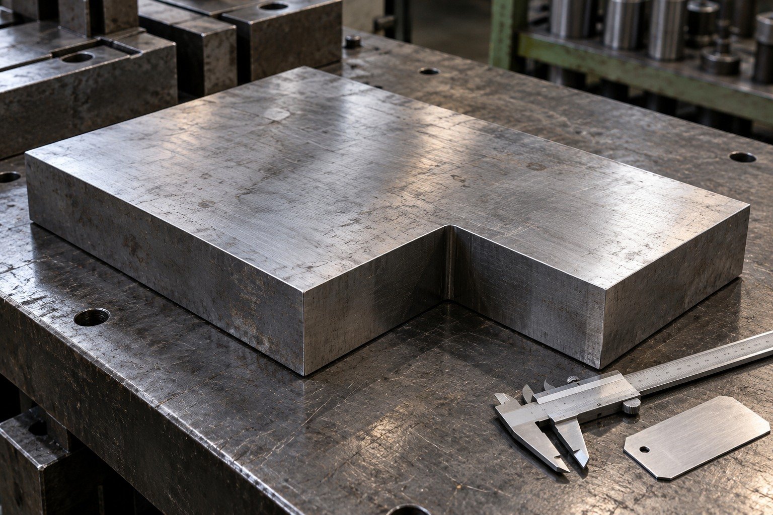 A broad thick rectangular steel blank with one large offset notch on a receiving bench, a caliper beside it and blank tag, no numbers or branding. — illustrative generated component concept