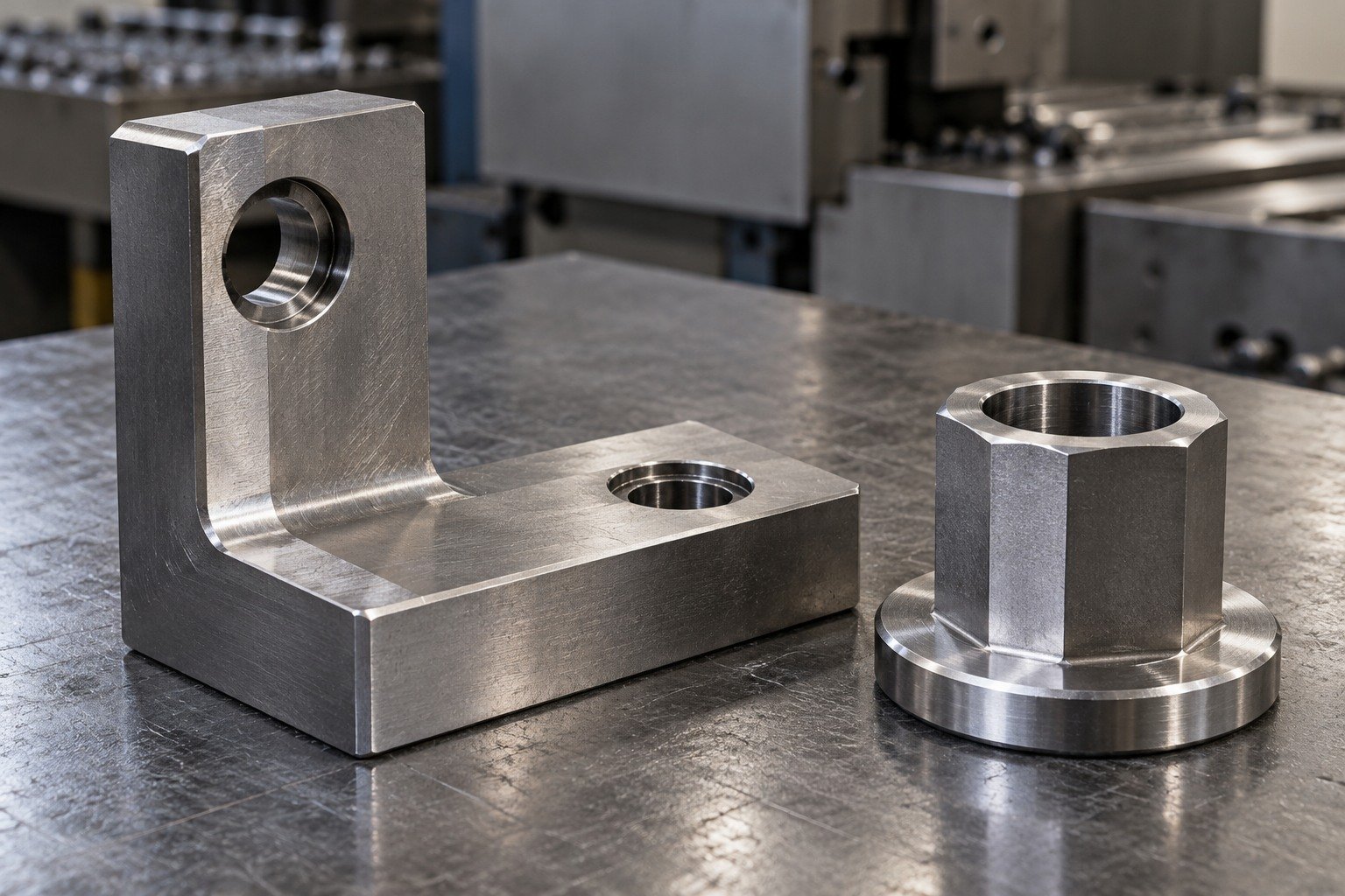 A thick L-shaped wear insert with two offset locating bores and a relieved mounting pad beside a short polygonal wear bushing with broad flange, satin steel. — illustrative generated component concept
