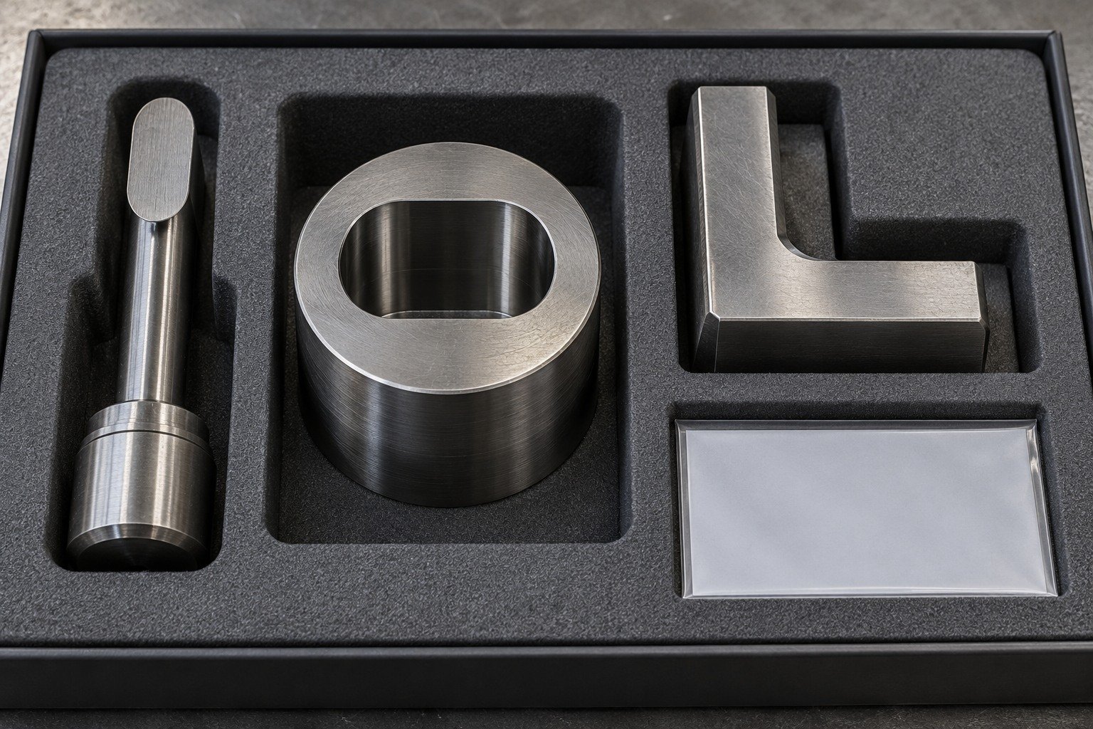 A fitted grey foam tray holding separate pockets for a short oval-tip punch, a thick rounded-cross die insert and a stout L-shaped wear insert, blank document sleeve. — illustrative generated component concept