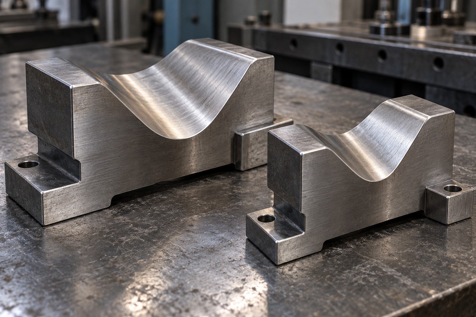 Two stout forming insert concepts, each with a broad rounded V-shaped working groove and offset mounting heels, different supported groove widths, no knife edges. — illustrative generated component concept