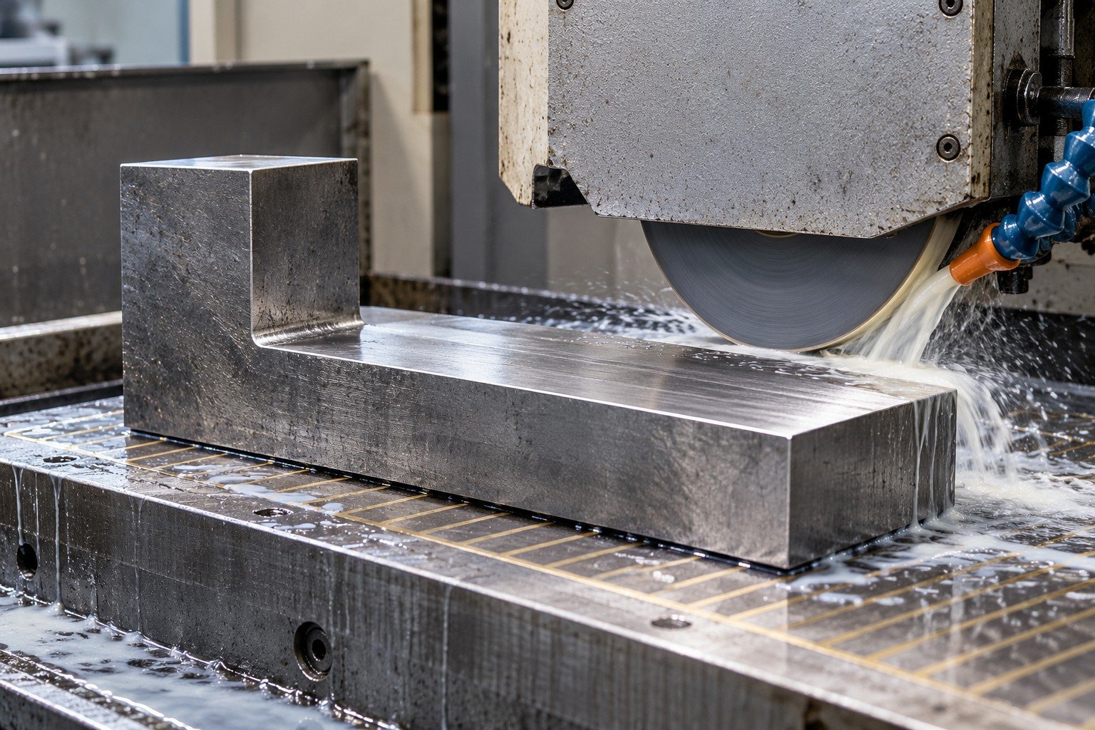 A thick L-shaped wear insert on a magnetic chuck below a guarded surface grinder, narrow exposed wheel segment contacting the broad reference plane with controlled grinding coolant. — illustrative generated component concept