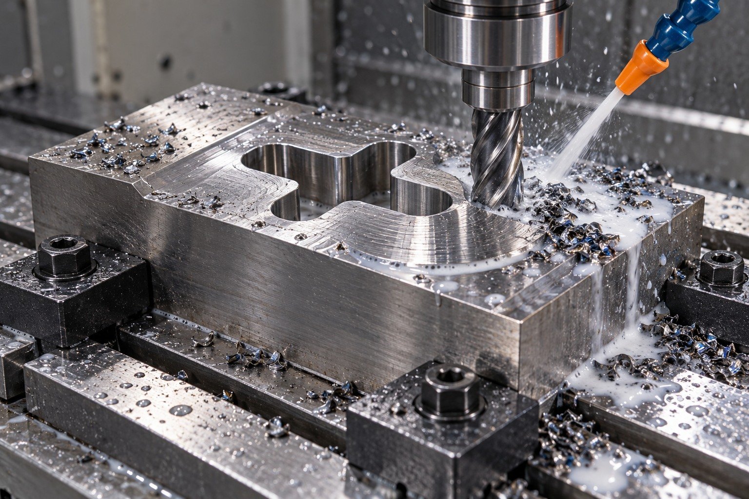 A rectangular stamping insert securely toe-clamped; carbide end mill machines a broad relief adjacent to an offset rounded cross opening, localized milky coolant and wet chips. — illustrative generated component concept