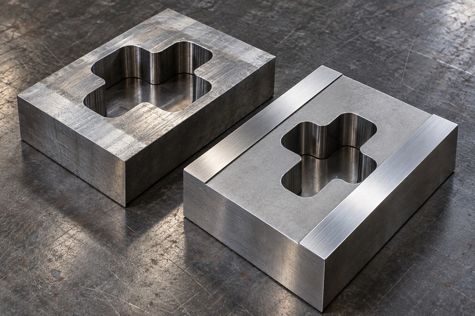 Two rectangular blanking die inserts with different offset rounded-cross openings, one rough-machined with broad finish-stock bands and one with ground broad locating rails. — illustrative generated component concept