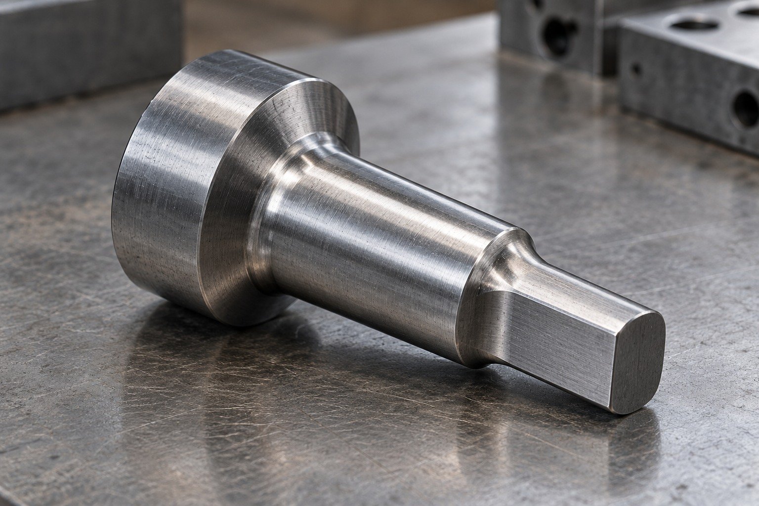 Macro of a short oval-tip blanking punch with a wide head and smoothly rounded shoulder transition, substantial backing section and fine steel texture, no broken edge. — illustrative generated component concept