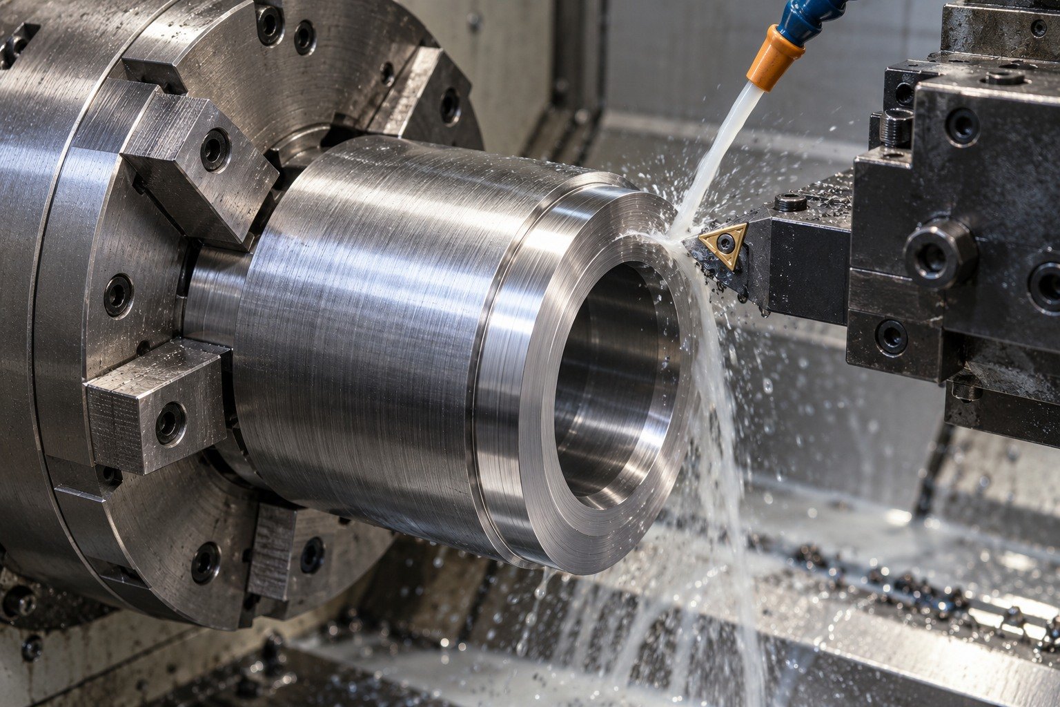 A thick short tooling sleeve in a lathe chuck, supported locating shoulder being cut with a carbide insert and a modest milky cutting-fluid stream. — illustrative generated component concept