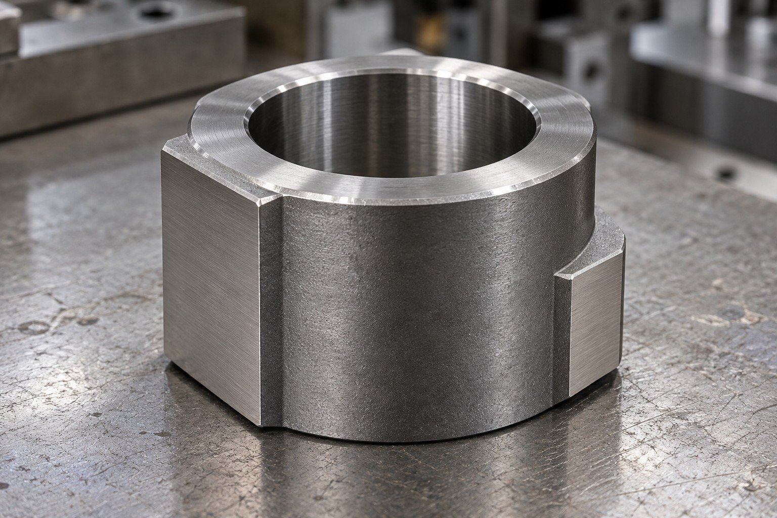 A short broad polygonal tooling bushing with two unequal mounting flats and restrained satin-grey treatment appearance, bright end datum faces, appearance concept only. — illustrative generated component concept