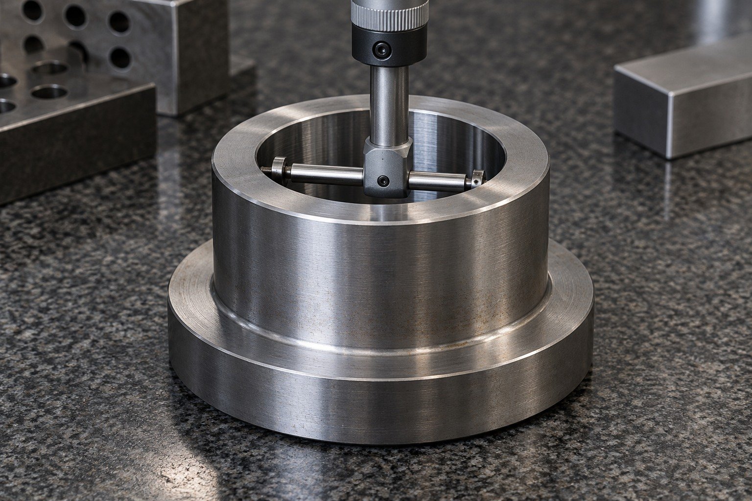 A short thick flanged wear bushing on granite; compact bore gauge contacts inside its accessible central opening, no hands or measurement values. — illustrative generated component concept