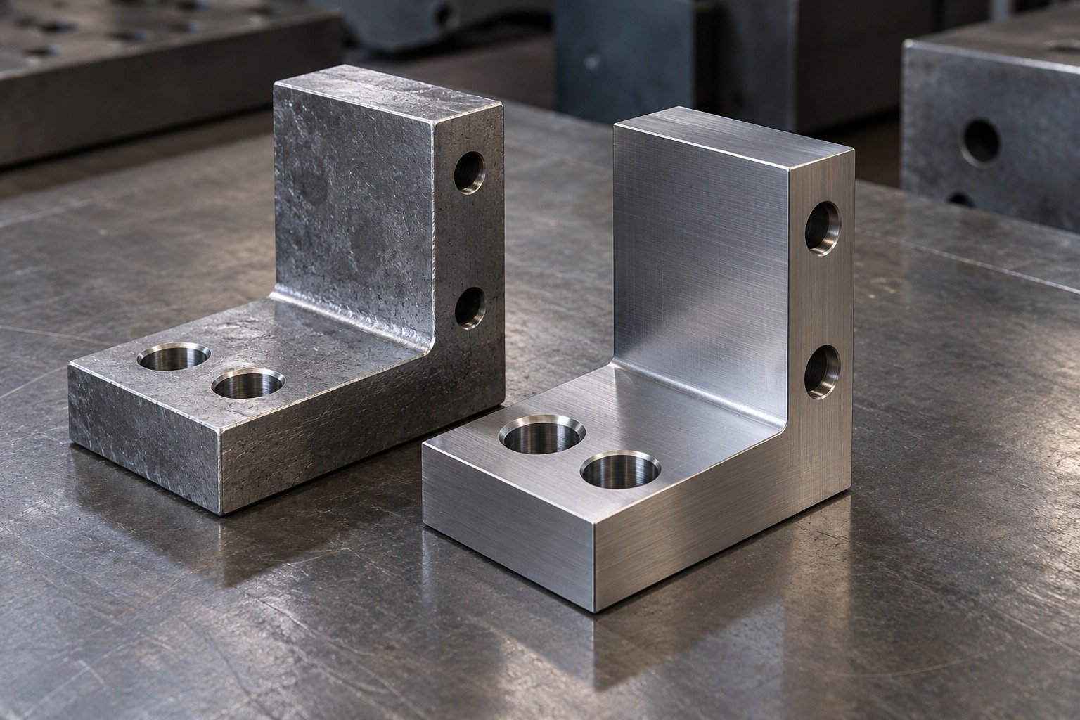 Two stout L-shaped wear inserts with different broad contact faces and mounting lands, one with retained stock and one with fine ground datum planes. — illustrative generated component concept