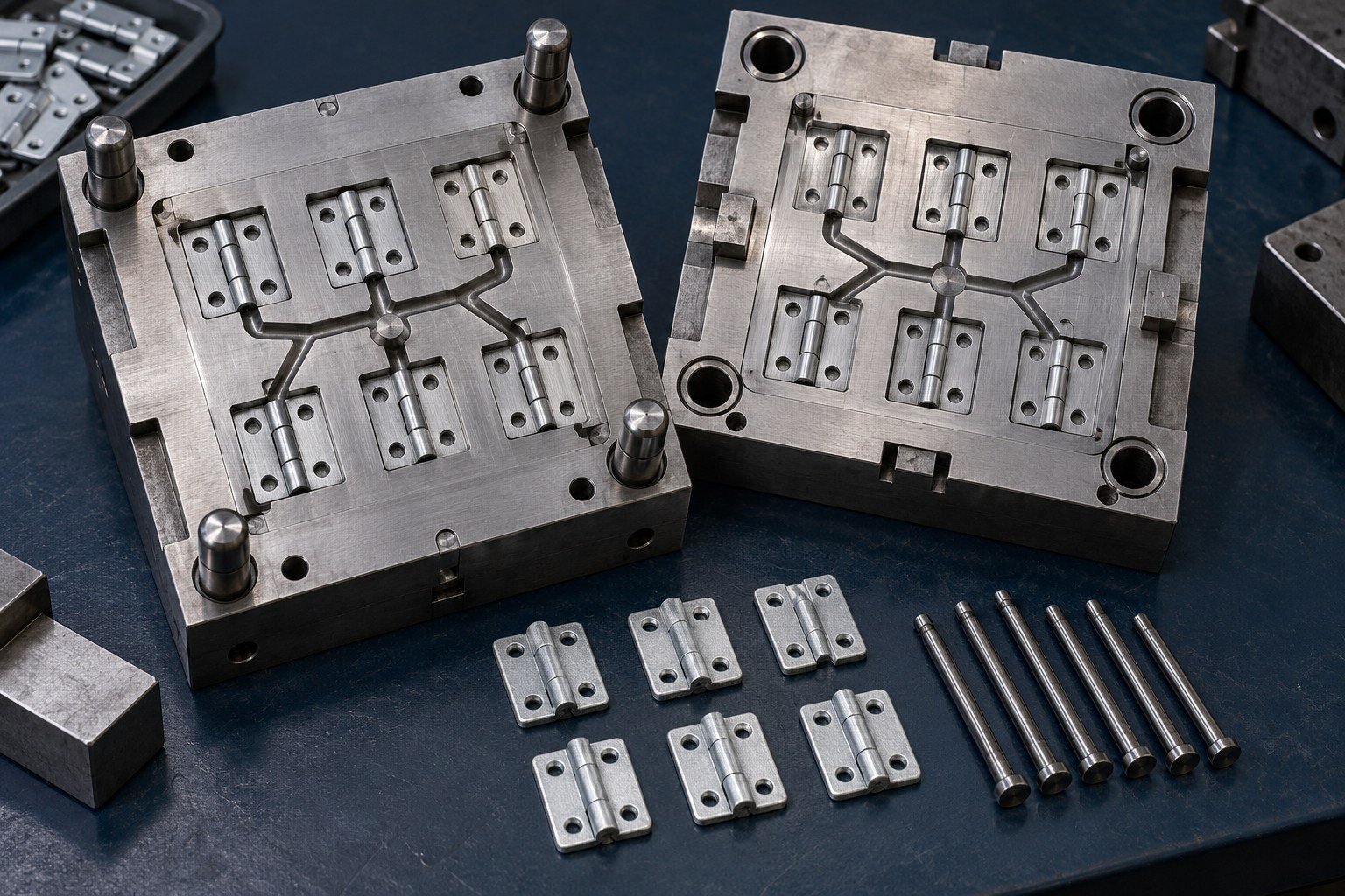 Illustrative zinc die casting tooling: multi-cavity hinge die, trial hinge components and ejector pins