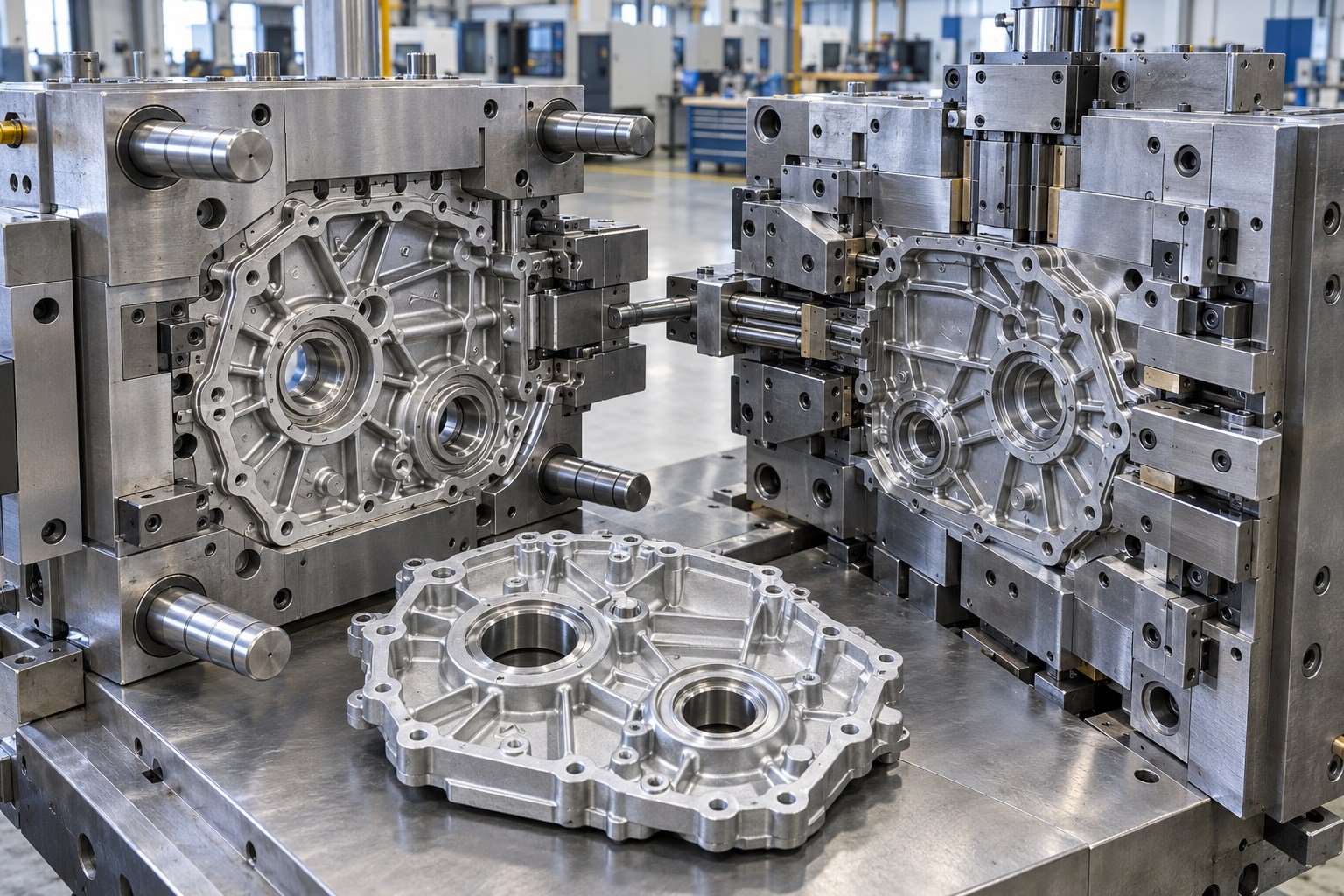 Open high pressure die casting die with trial gearbox cover — illustrative casting tooling concept