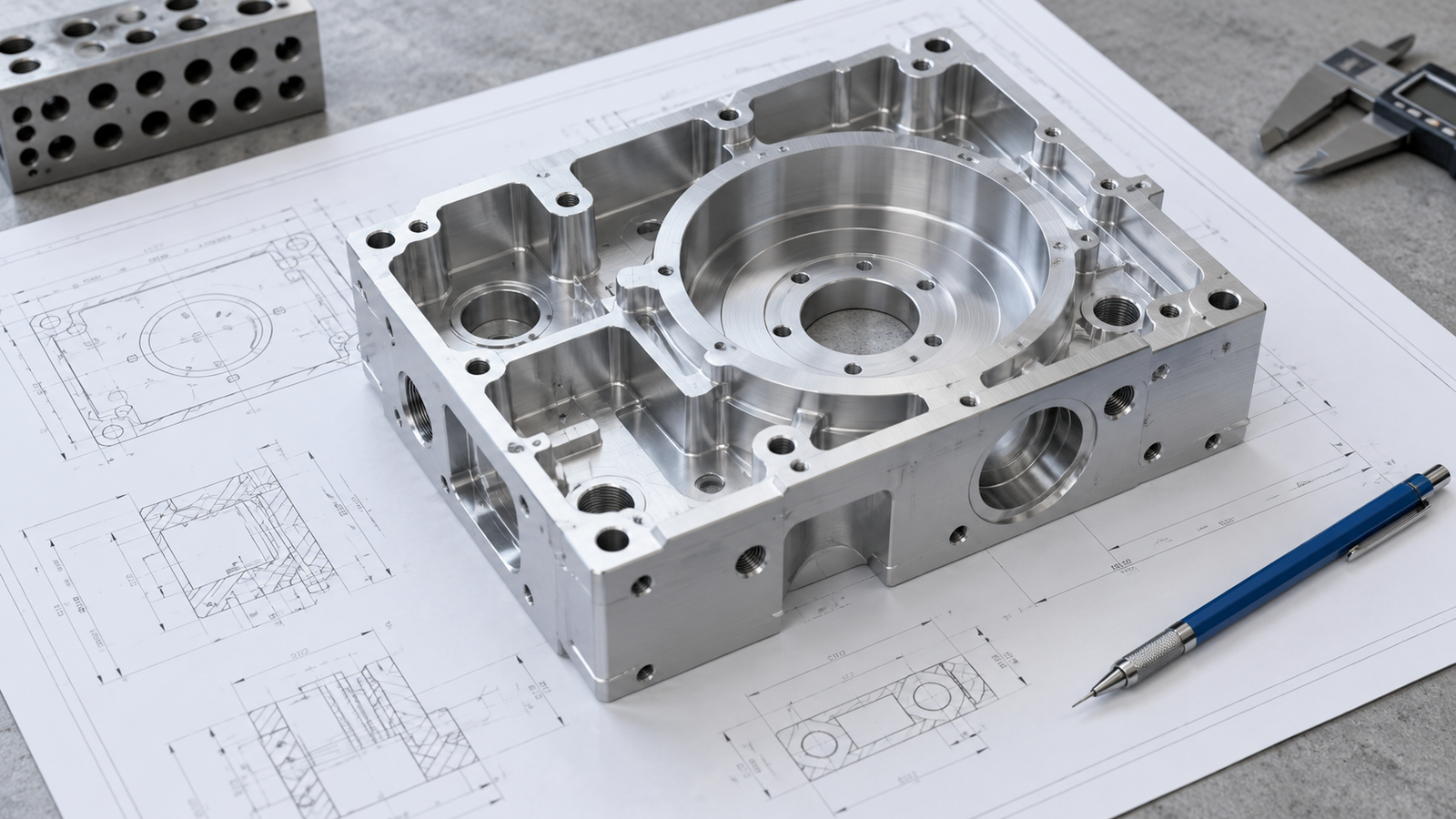 Illustrative machined housing on an engineering drawing for manufacturability review
