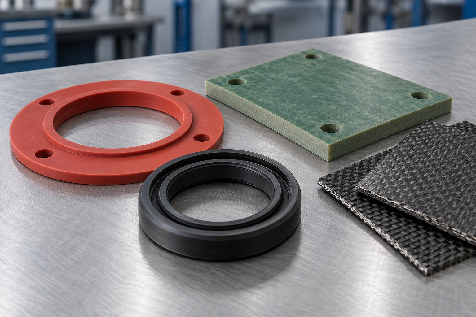 Rubber gasket, seal and rigid laminate material concepts — illustrative generated concept