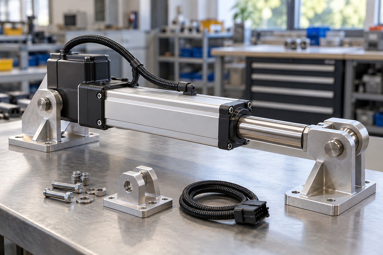 Compact purchased electric linear actuator mounted between aluminum brackets with pivot pins, protective cable loop and mechanical end fixture; wide three quarter view of distinct complete module and separate approved purchased components