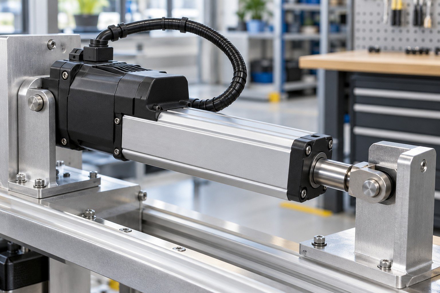 Compact purchased electric linear actuator mounted between aluminum brackets with pivot pins, protective cable loop and mechanical end fixture; close oblique view of the mounting and keyed connector interfaces, distinctly different housing geometry
