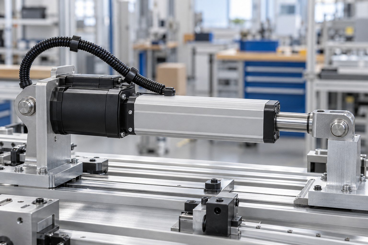 Compact purchased electric linear actuator mounted between aluminum brackets with pivot pins, protective cable loop and mechanical end fixture; side view of partially installed module in locating fixture with clearly restrained insulated cable, no people