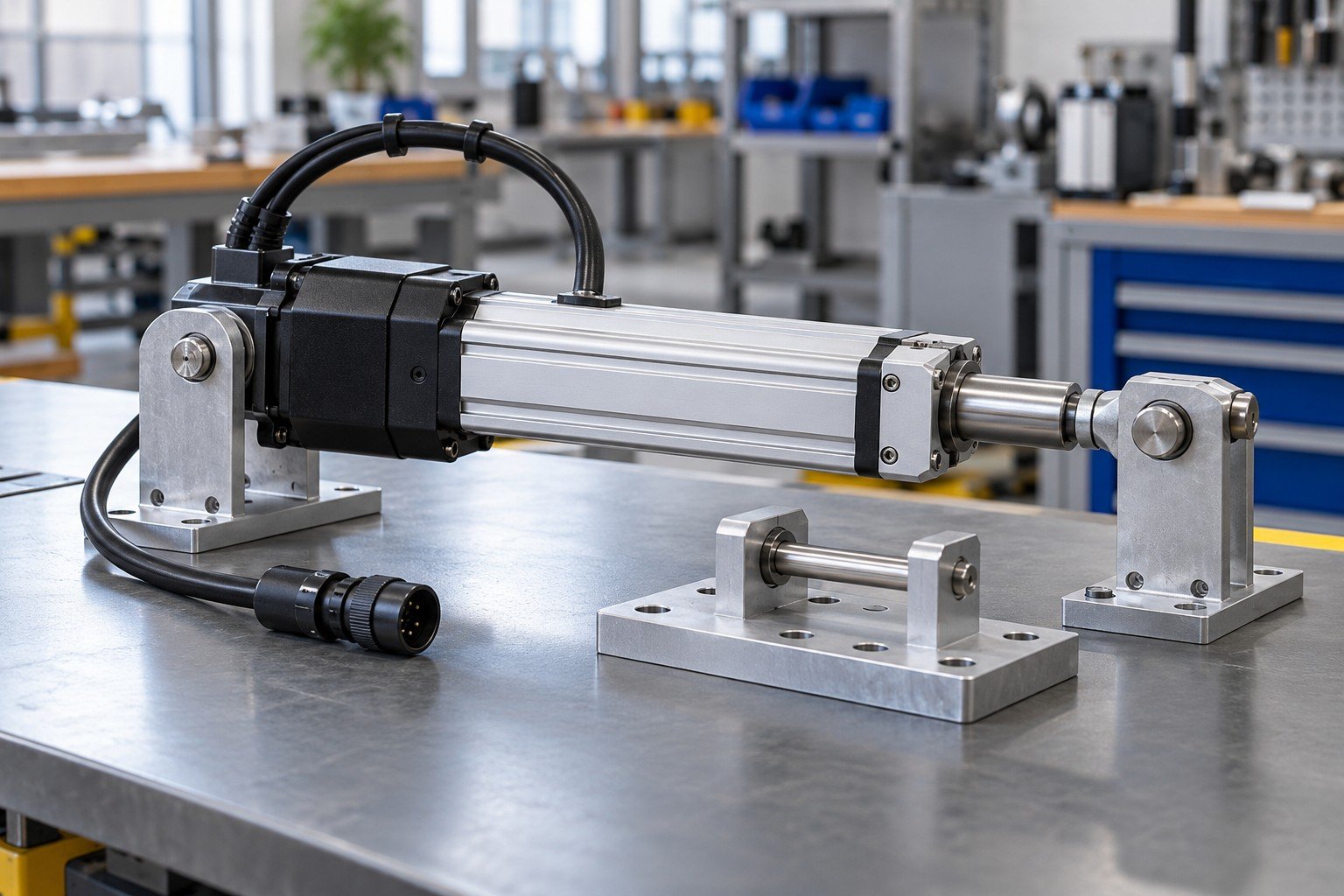 Compact purchased electric linear actuator mounted between aluminum brackets with pivot pins, protective cable loop and mechanical end fixture; finished module beside unpowered simple checking fixture and detached matching connector, no invented readings