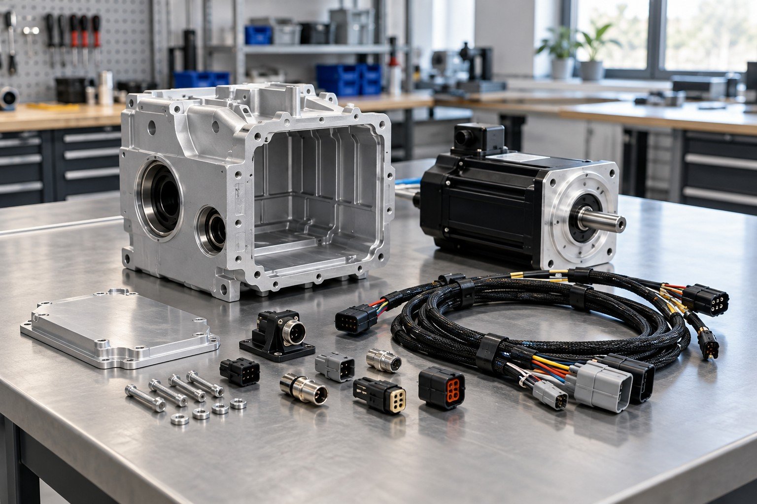 Electromechanical module parts grouped by aluminum housing, purchased motor, connectors and preassembled harness on organized bench