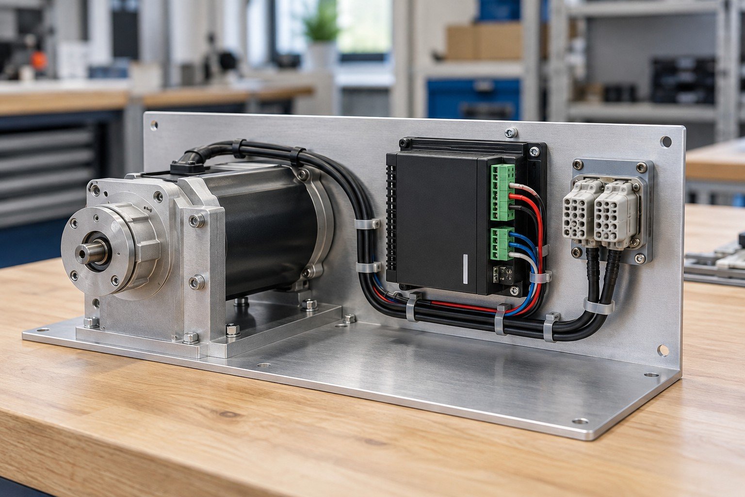 Compact enclosure mounting plate with motor bracket, purchased circuit module and matching connector kit