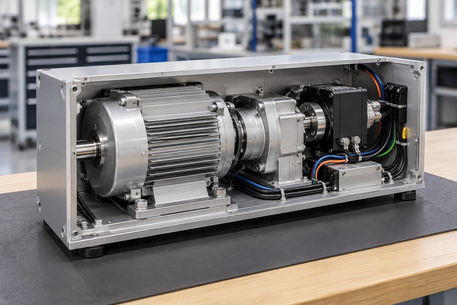 Completed industrial motor and sensor module with neat restrained insulated wiring in open enclosure