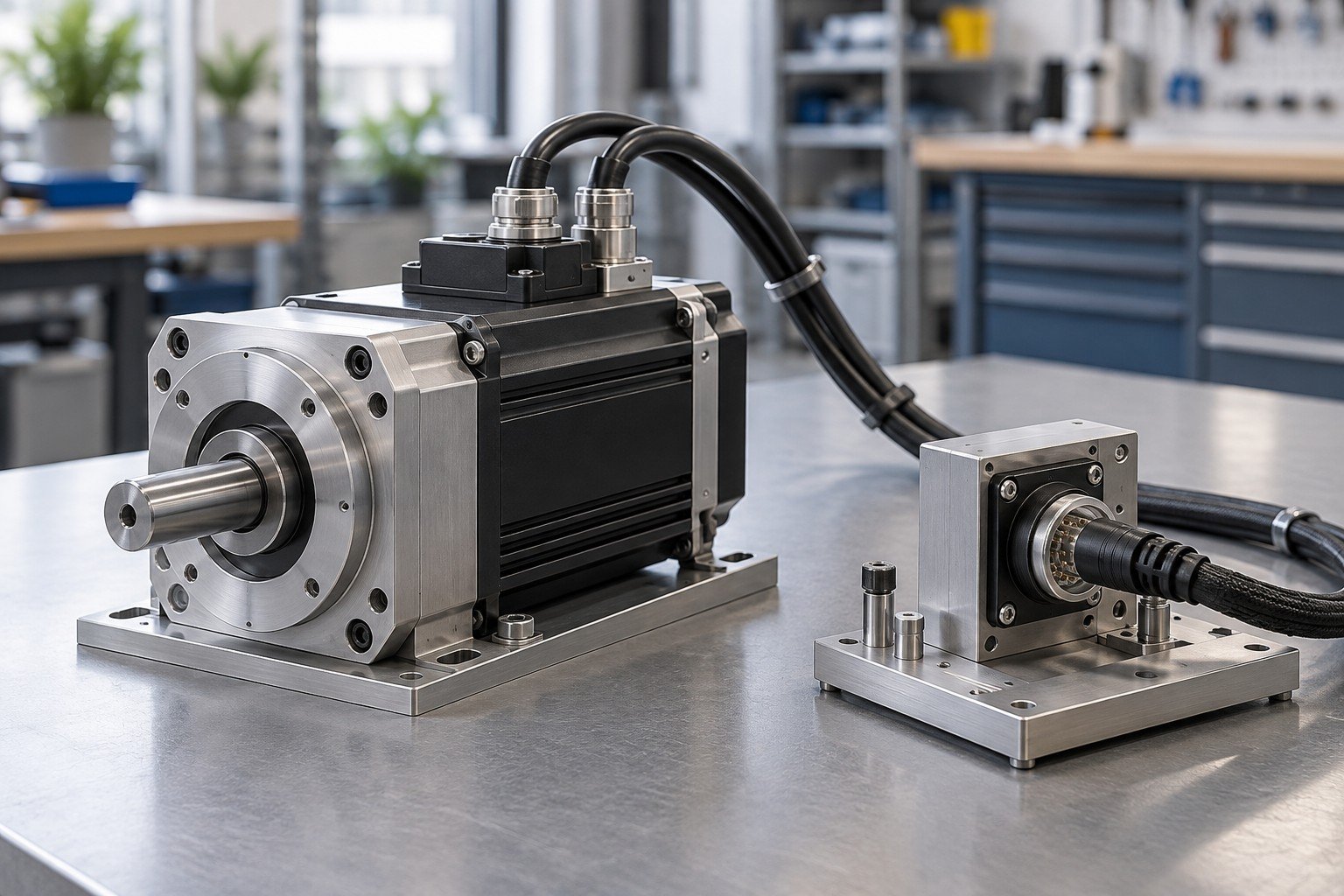 Unpowered wired mechanical module beside isolated cable test adapter fixture, no test readings