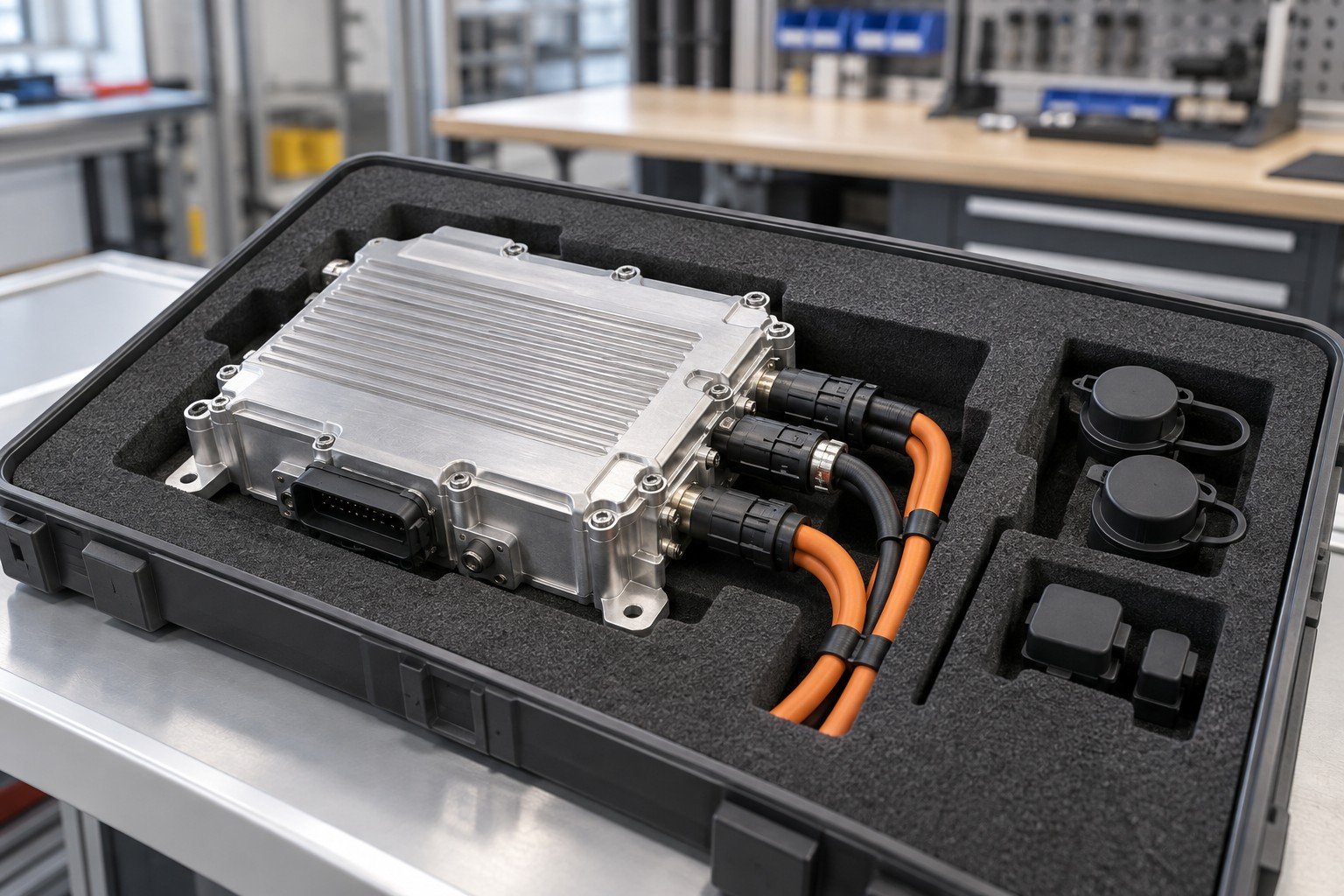 Finished electromechanical module in fitted protective foam with separate connector protection caps