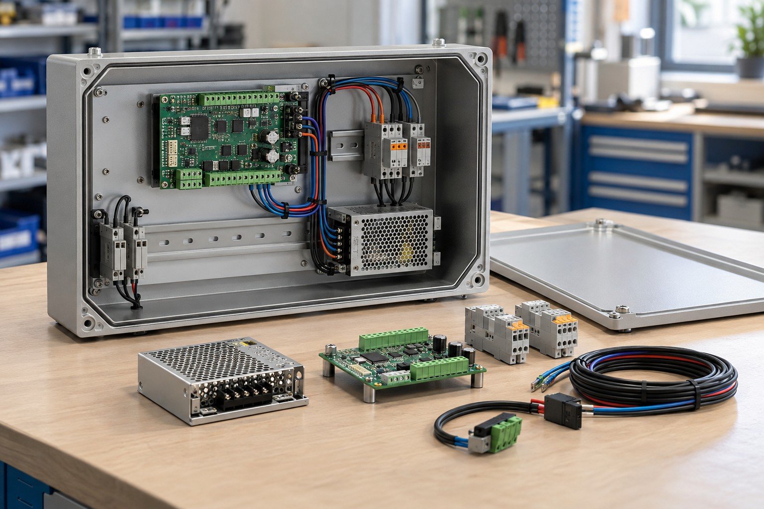 Open industrial electronics enclosure with mechanical mounting plate, purchased circuit module on standoffs, low-voltage connectors and clean restrained cable routing; wide three quarter view of distinct complete module and separate approved purchased components