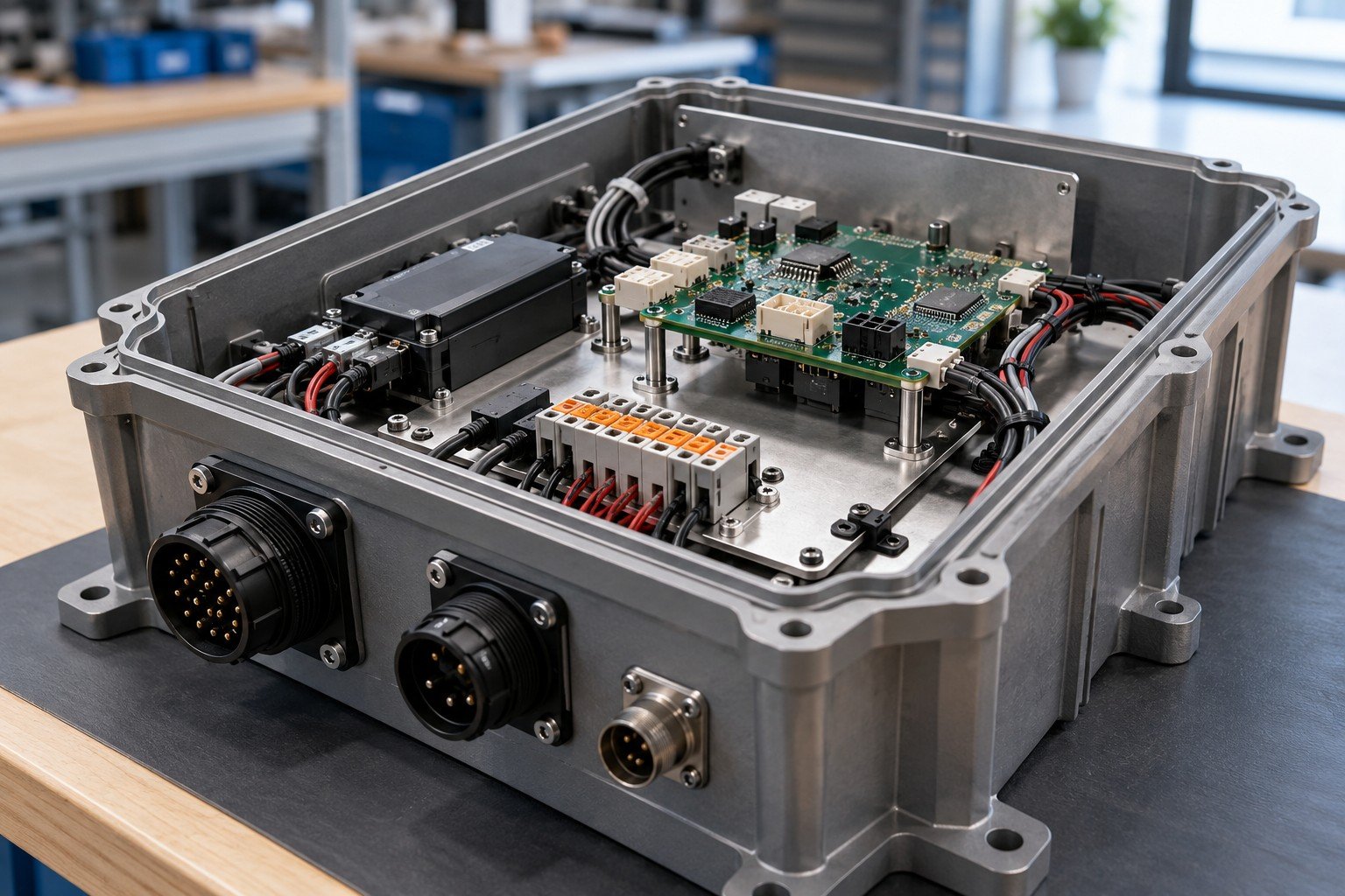 Open industrial electronics enclosure with mechanical mounting plate, purchased circuit module on standoffs, low-voltage connectors and clean restrained cable routing; close oblique view of the mounting and keyed connector interfaces, distinctly different housing geometry