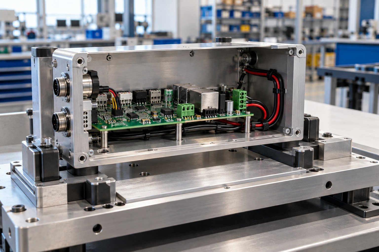 Open industrial electronics enclosure with mechanical mounting plate, purchased circuit module on standoffs, low-voltage connectors and clean restrained cable routing; side view of partially installed module in locating fixture with clearly restrained insulated cable, no people