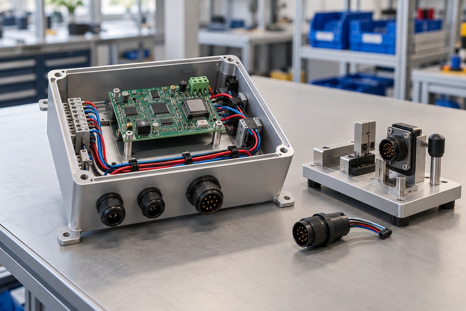 Open industrial electronics enclosure with mechanical mounting plate, purchased circuit module on standoffs, low-voltage connectors and clean restrained cable routing; finished module beside unpowered simple checking fixture and detached matching connector, no invented readings