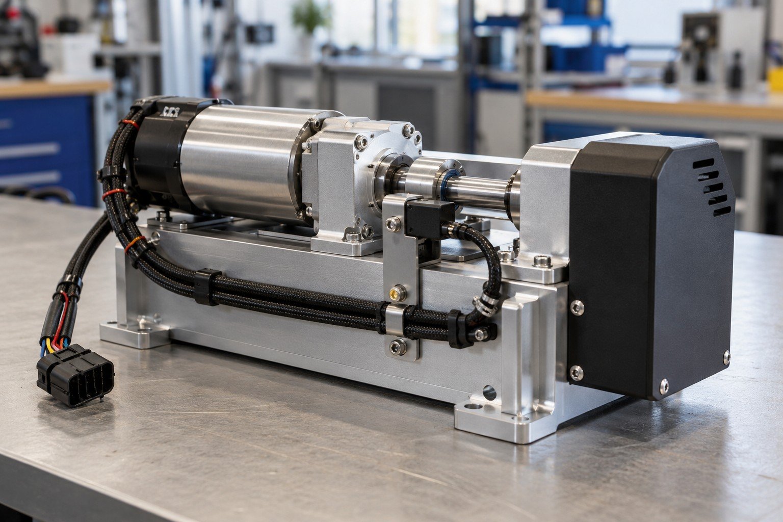 Illustrative electromechanical concept: integrated motor, supported shaft, sensor bracket and insulated keyed wiring