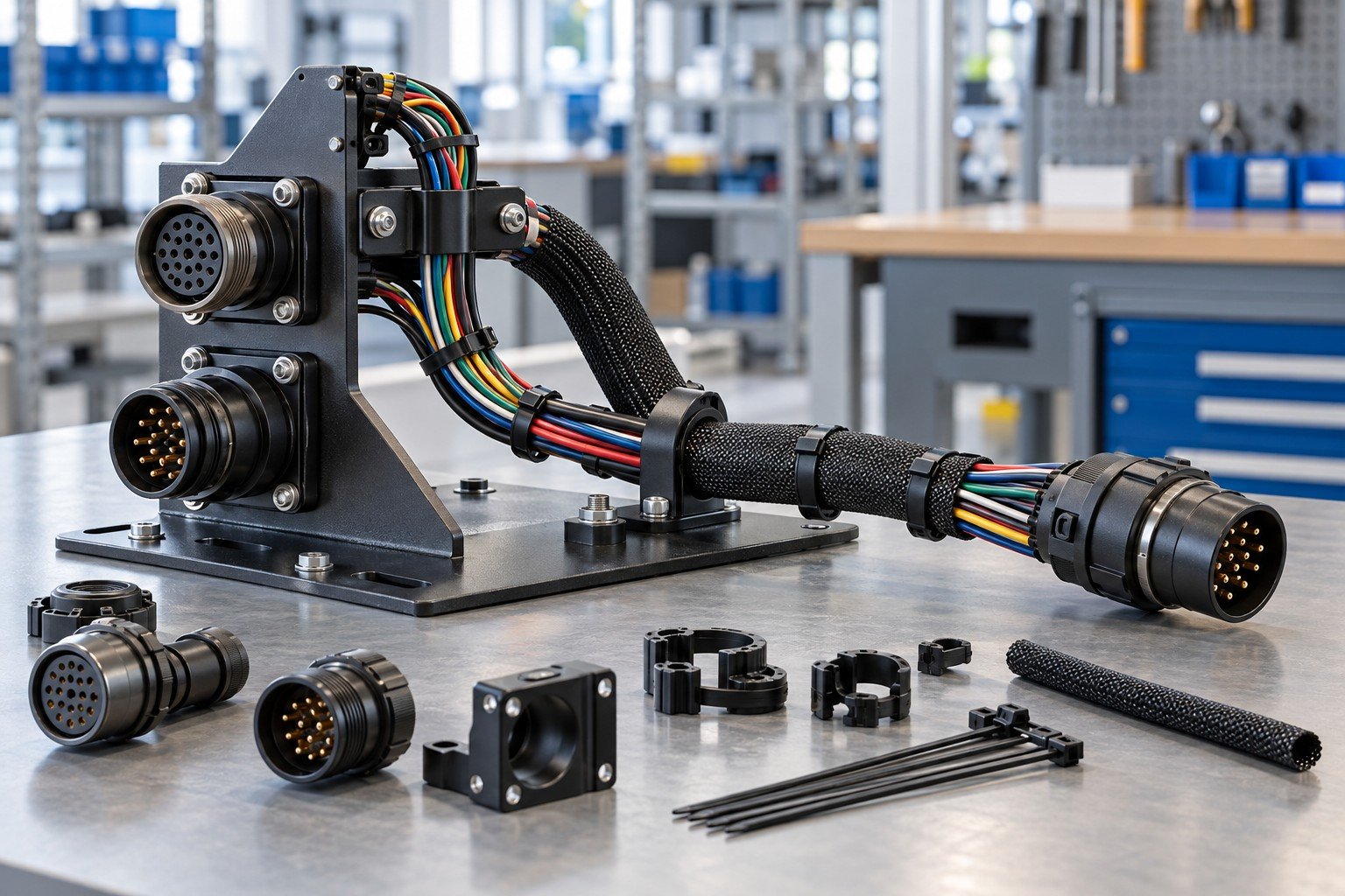 Industrial mounting bracket with keyed multi-pin connectors, preassembled insulated low-voltage wire harness, protective sleeve, clips and strain relief; wide three quarter view of distinct complete module and separate approved purchased components