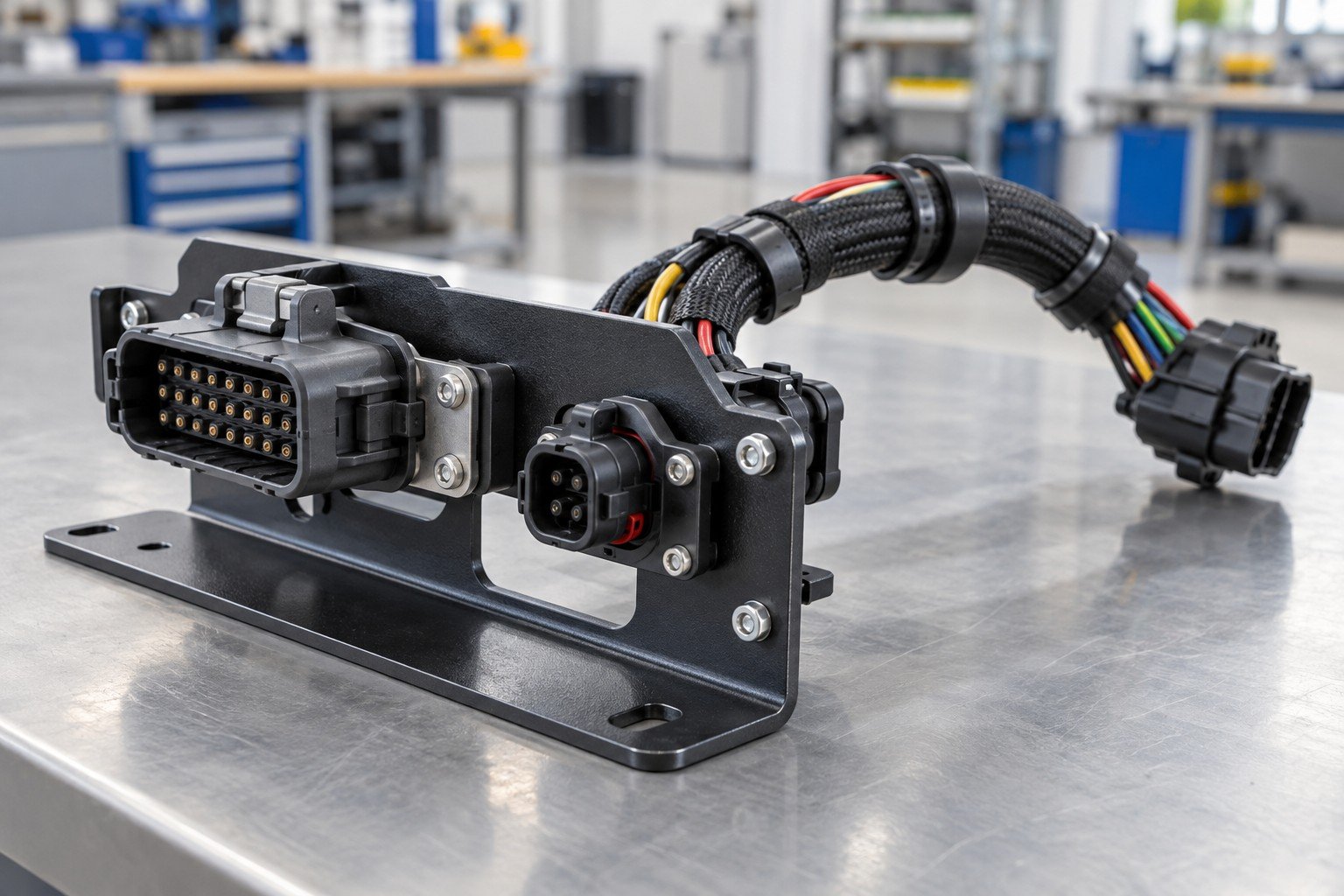 Industrial mounting bracket with keyed multi-pin connectors, preassembled insulated low-voltage wire harness, protective sleeve, clips and strain relief; close oblique view of the mounting and keyed connector interfaces, distinctly different housing geometry