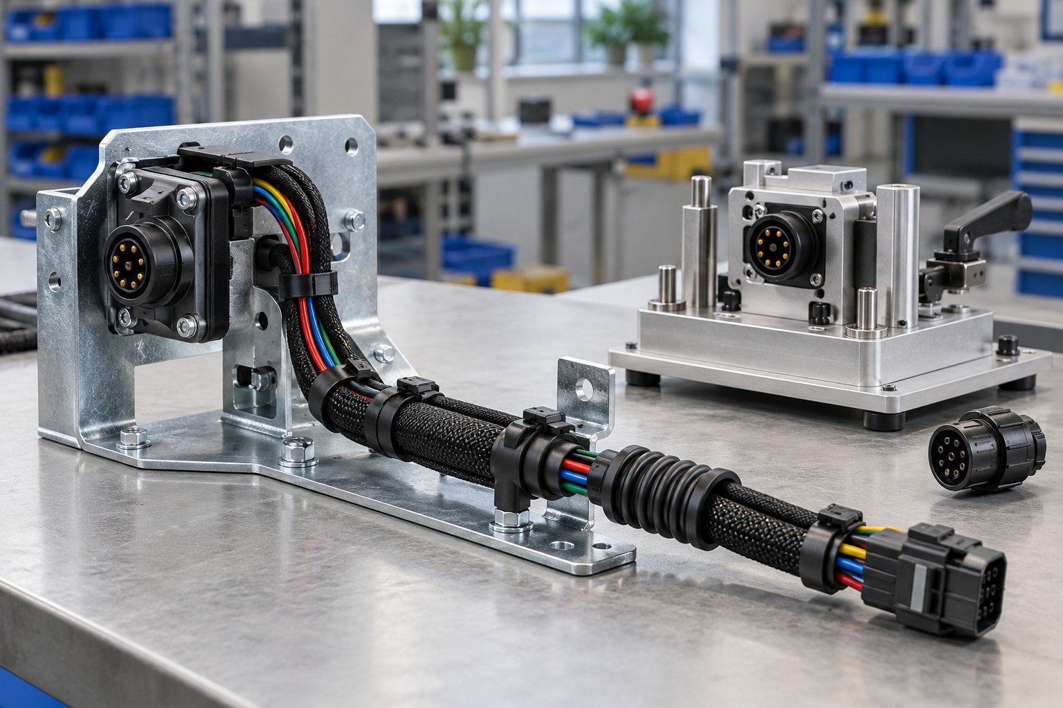 Industrial mounting bracket with keyed multi-pin connectors, preassembled insulated low-voltage wire harness, protective sleeve, clips and strain relief; finished module beside unpowered simple checking fixture and detached matching connector, no invented readings