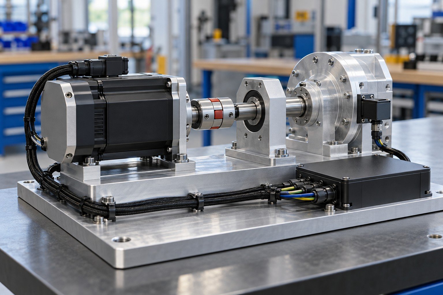 Complex electromechanical integration concept: machined aluminum chassis carrying a purchased low-voltage motor, supported shaft with coupling, compact sensor bracket, small protected electronics module and orderly insulated keyed cable harness; complete assembly, no exposed live power