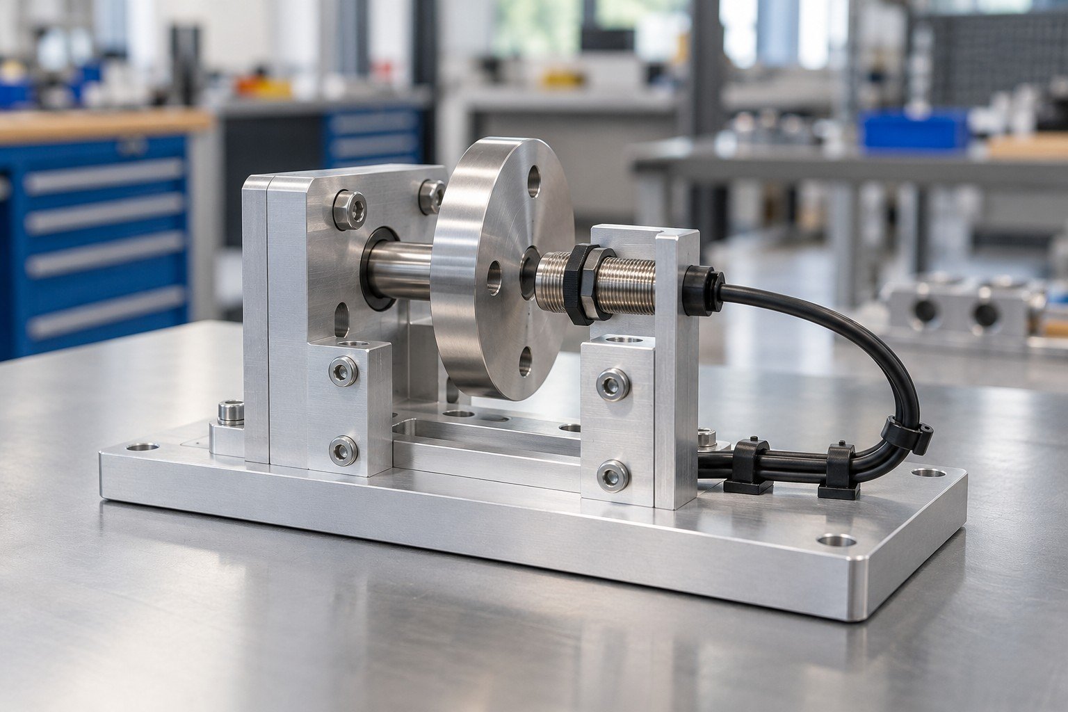 Electromechanical equipment sensing module with proximity sensor on custom aluminum fixture and restrained cable