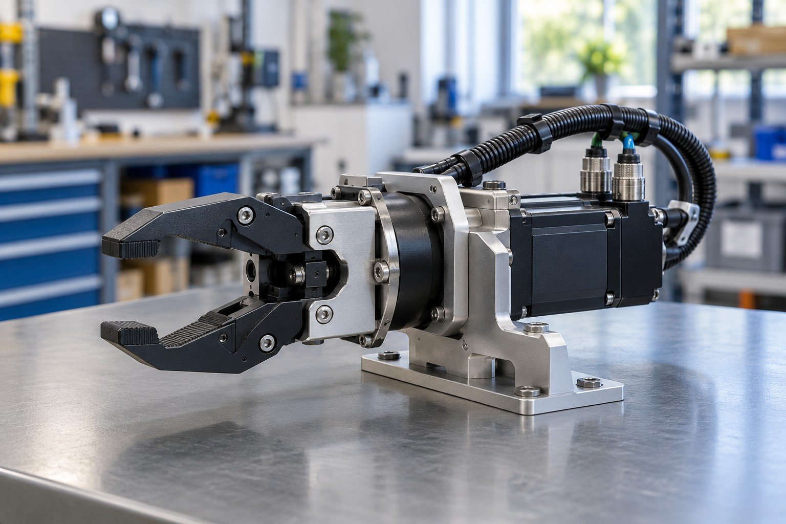 Small robotics gripper module with purchased actuator, bracket, two keyed sensor connectors and cable protection
