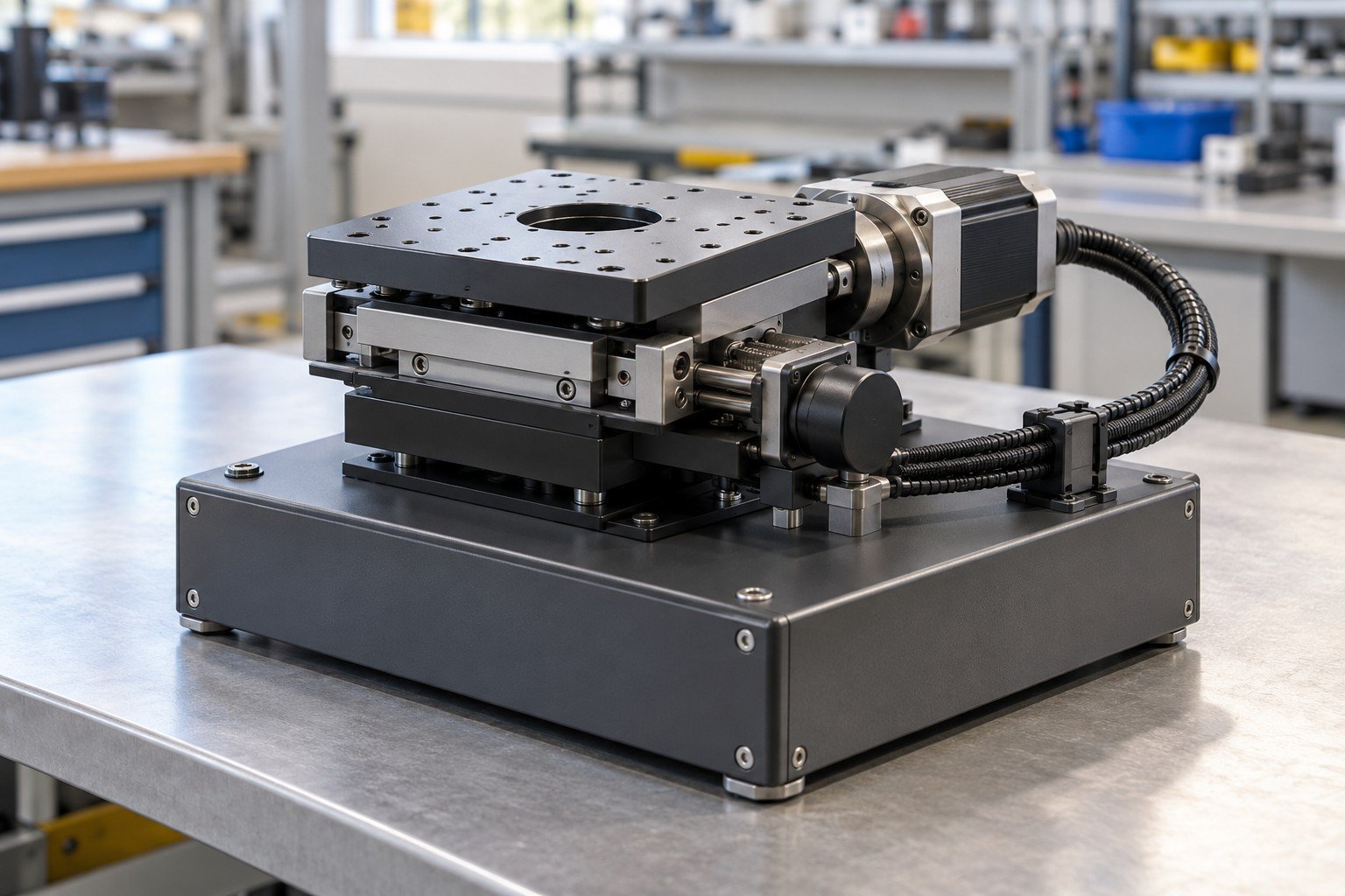 Compact adjustable motor-driven instrument positioning stage with cable strain relief and enclosure base